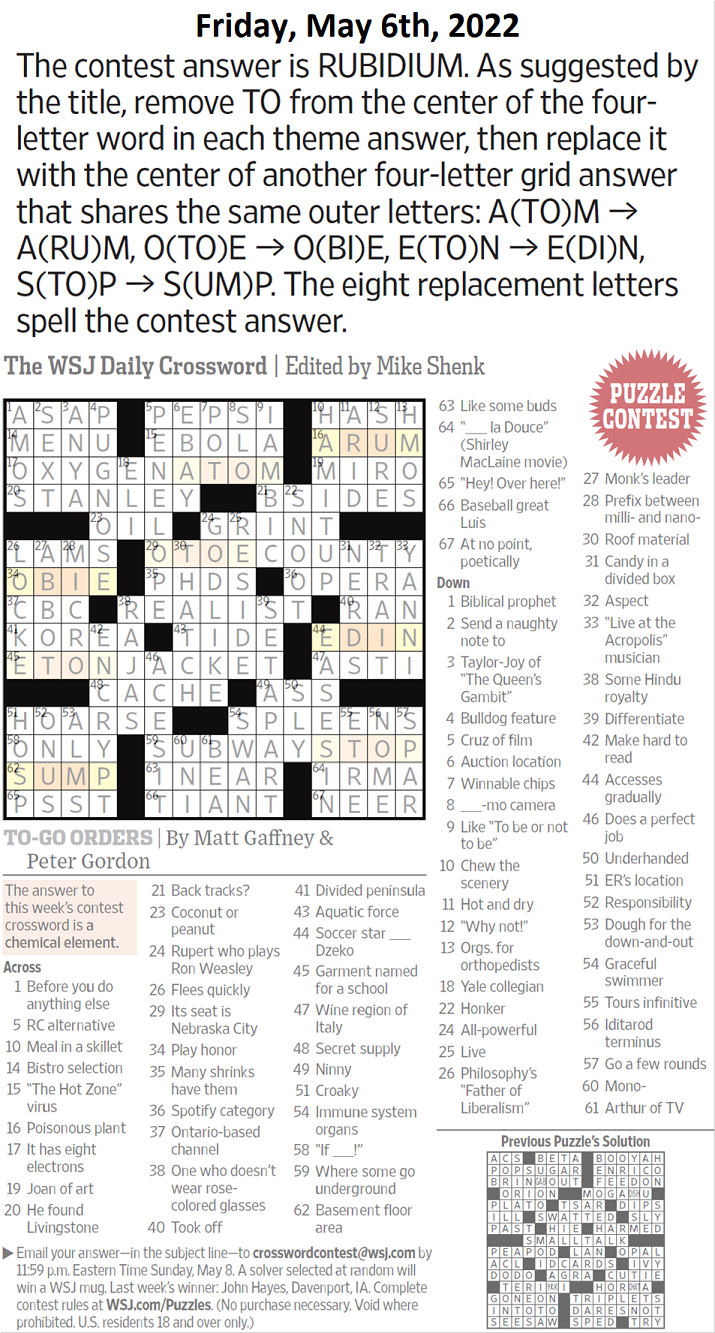 Past WSJ Crossword Contests & Solutions - Page 5 - XWord Muggles Forum