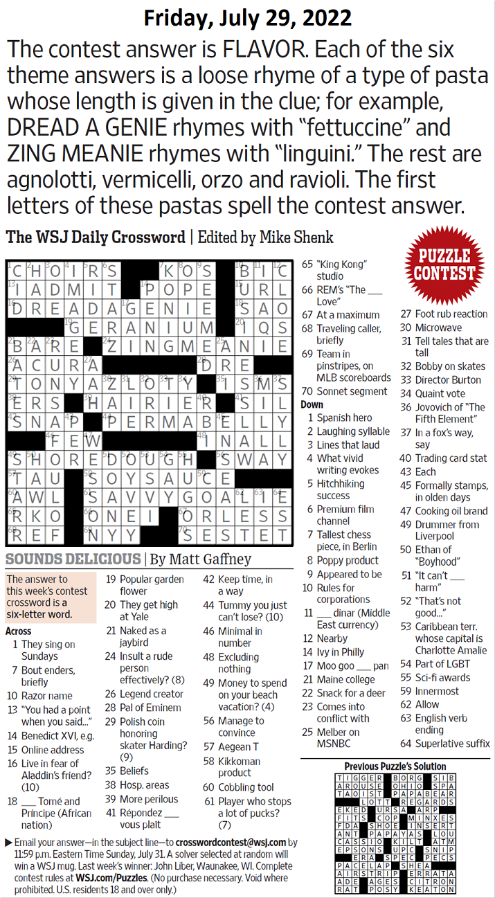 Past WSJ Crossword Contests & Solutions - Page 5 - XWord Muggles Forum