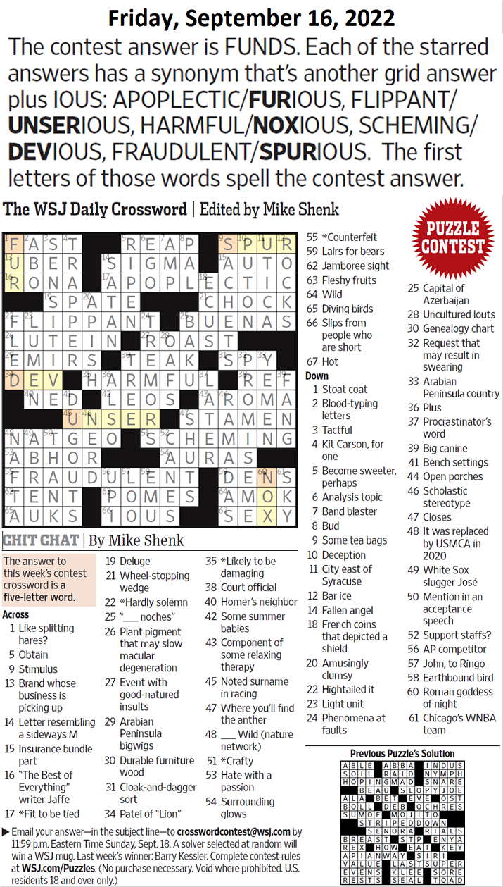 Past WSJ Crossword Contests & Solutions - Page 5 - XWord Muggles Forum