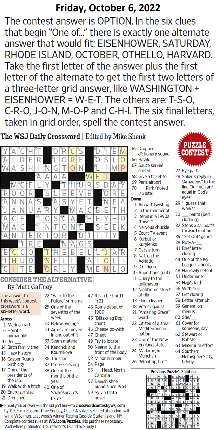 Past WSJ Crossword Contests & Solutions - Page 5 - XWord Muggles Forum