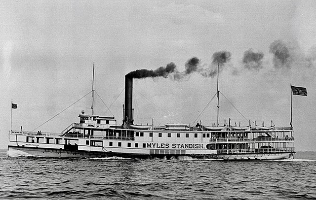 Photograph of the broadside view of the Myles Standish steamboat while underway (1883-1931). [Wikimedia Commons]