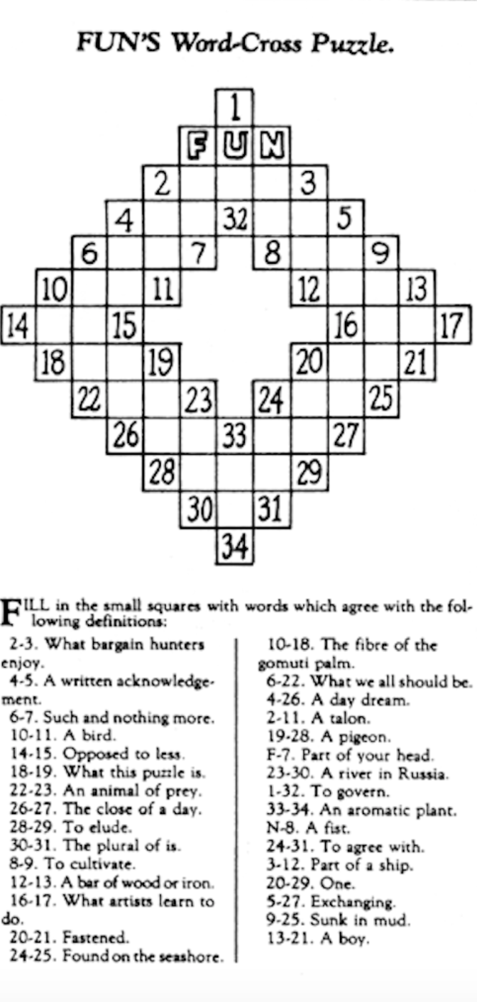 The local daily newspaper reported that the very first crossword puzzle appeared on this date in 1913. This is a copy of it.  We've come a long way.