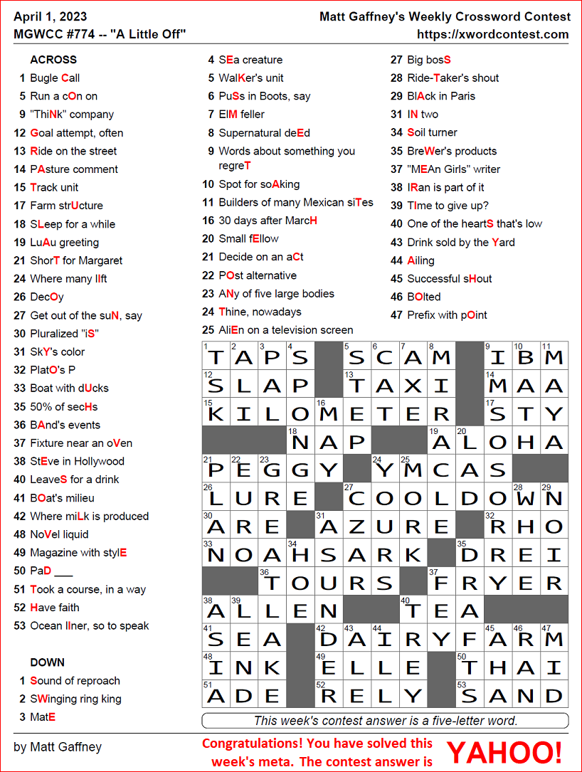 MGWCC #774 — “A Little Off” - Page 4 - XWord Muggles Forum